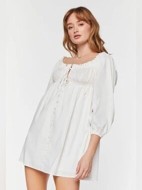 Soft White Ruffle Trim Babydoll Mini Cottage Dress 🧺🍓🌿